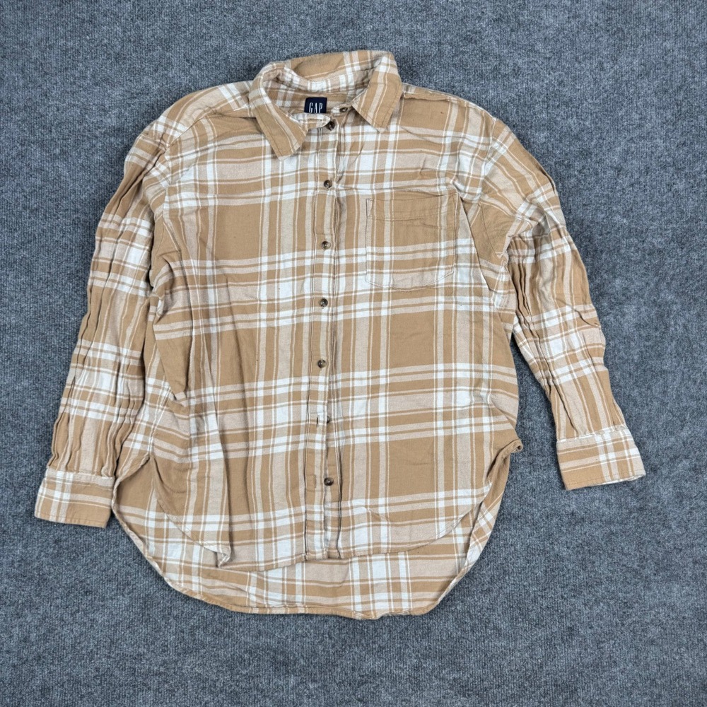 Gap Flannel Shirt Womens Size L Tan Plaid Long Sleeve Relaxed Boyfriend Fit